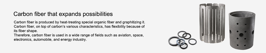 Carbon fiber that expands possibilities  Carbon fiber is produced by heat-treating special organic fiber and graphitizing it. Carbon fiber, on top of carbon's various characteristics, has flexibility because of its fiber shape. Therefore, carbon fiber is used in a wide range of fields such as aviation, space, electronics, automobile, and energy industry.