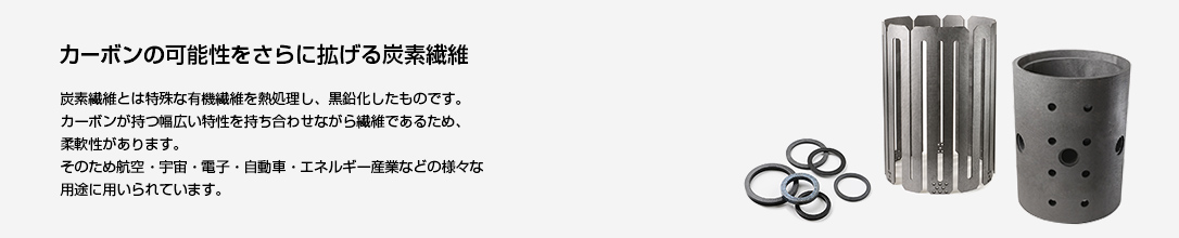 カーボンの可能性をさらに拡げる炭素繊維　炭素繊維とは特殊な有機繊維を熱処理し、黒鉛化したものです。カーボンが持つ幅広い特性を持ち合わせながら繊維であるため、柔軟性があります。そのため航空・宇宙・電子・自動車・エネルギー産業などの様々な用途に用いられています。